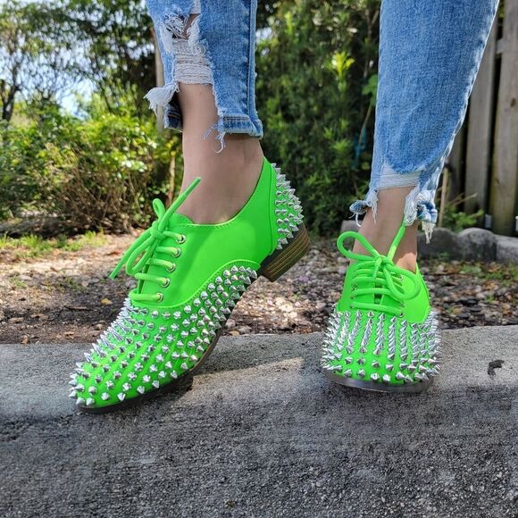 Women's Neon Green Silver Studded Lace Up Flat Oxford Shoes - Picture 3 of 5
